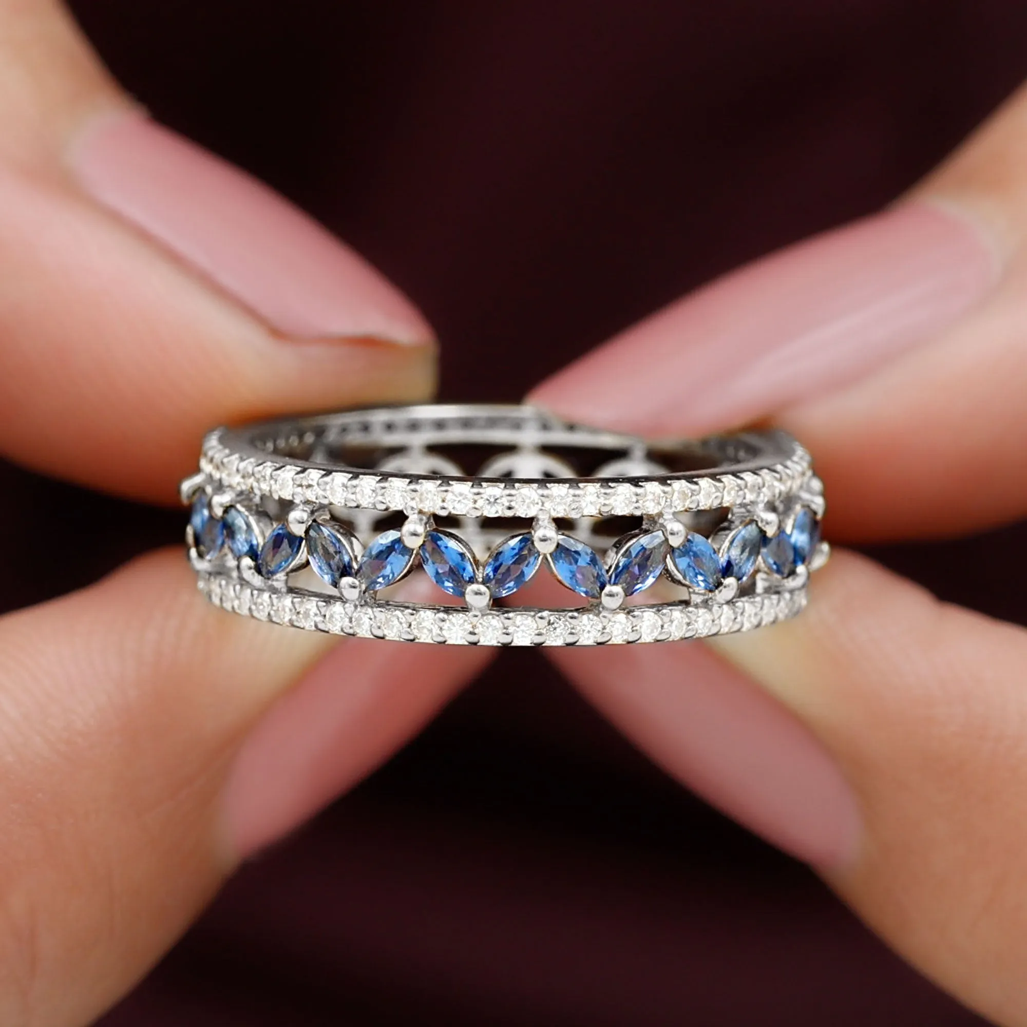 1.25 CT Elegant Created Blue Sapphire and Diamond Wedding Band Ring