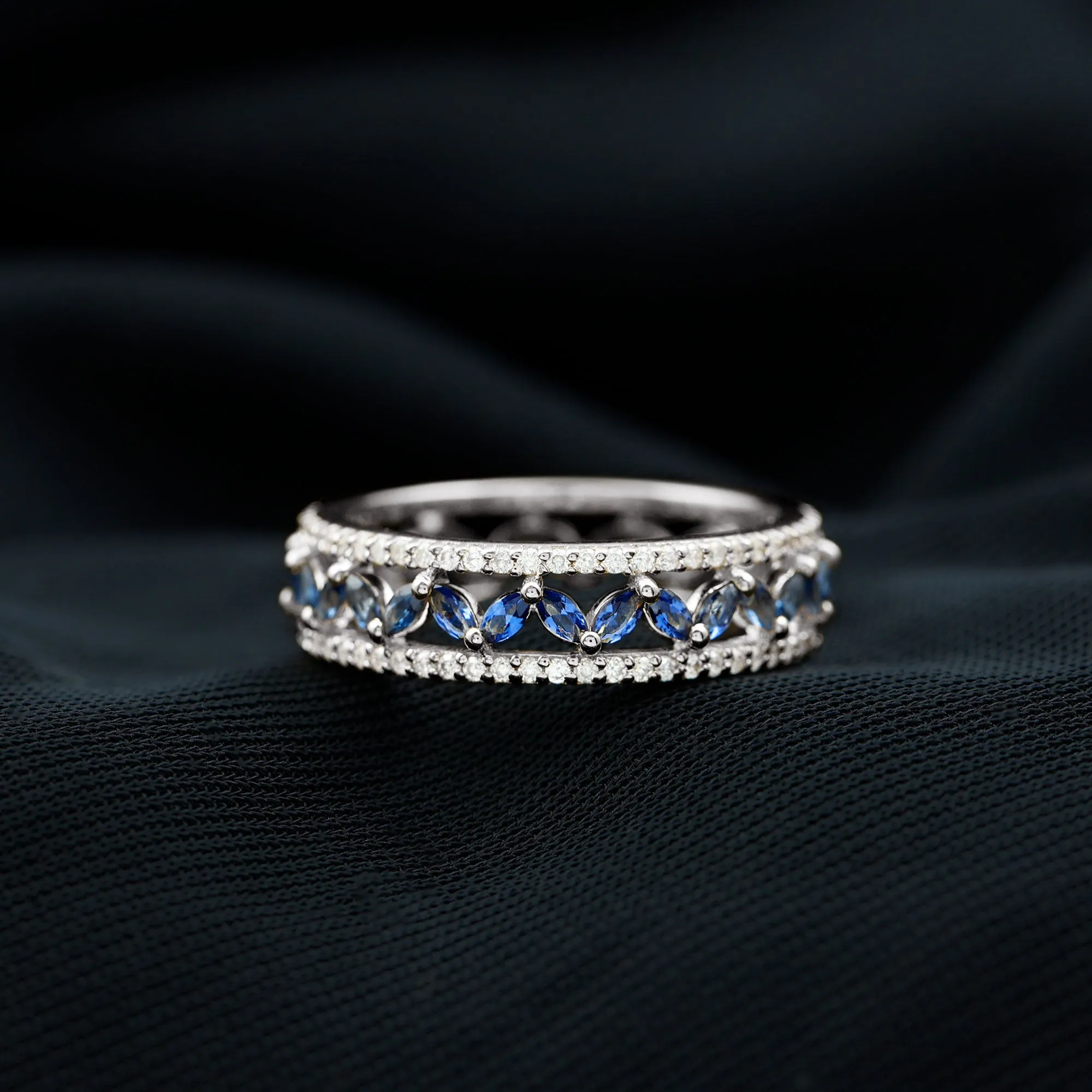 1.25 CT Elegant Created Blue Sapphire and Diamond Wedding Band Ring