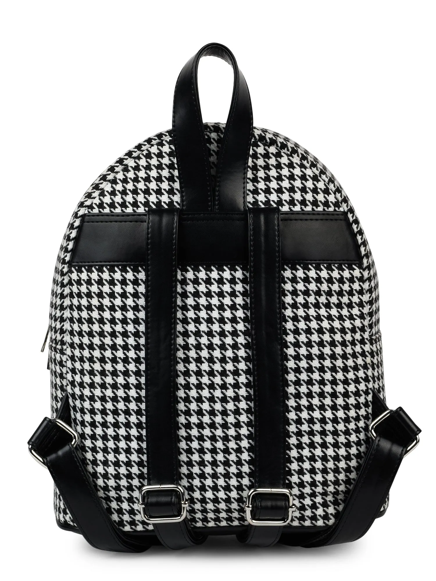 Berrylush Women Black & White Houndstooth Printed PU Padded Shoulder Strap Zipper Backpack