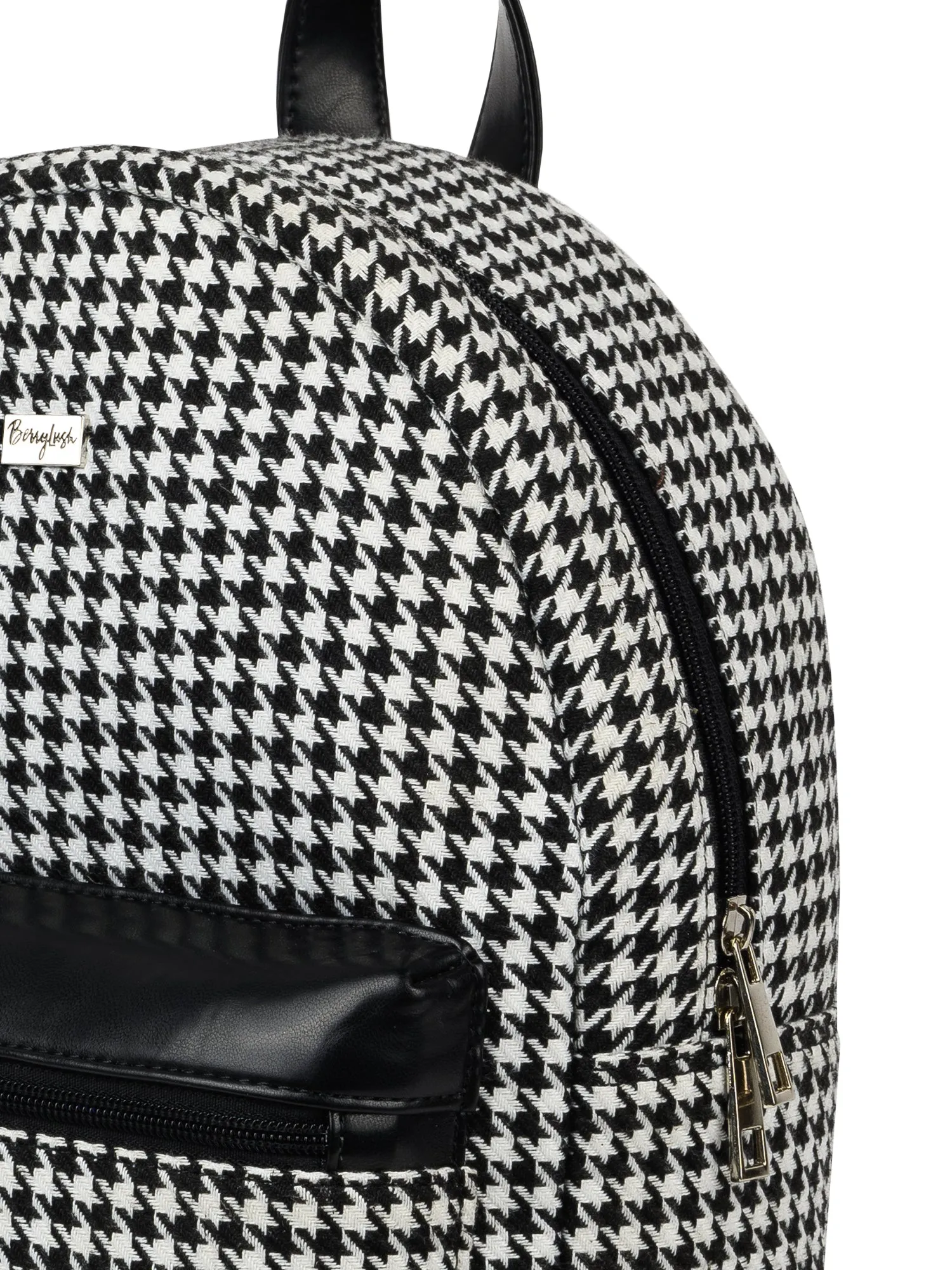 Berrylush Women Black & White Houndstooth Printed PU Padded Shoulder Strap Zipper Backpack