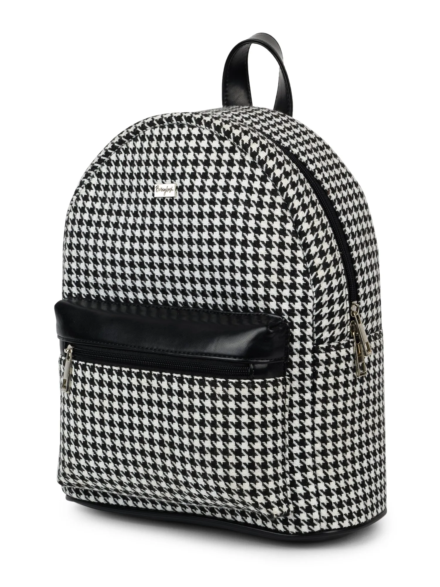 Berrylush Women Black & White Houndstooth Printed PU Padded Shoulder Strap Zipper Backpack