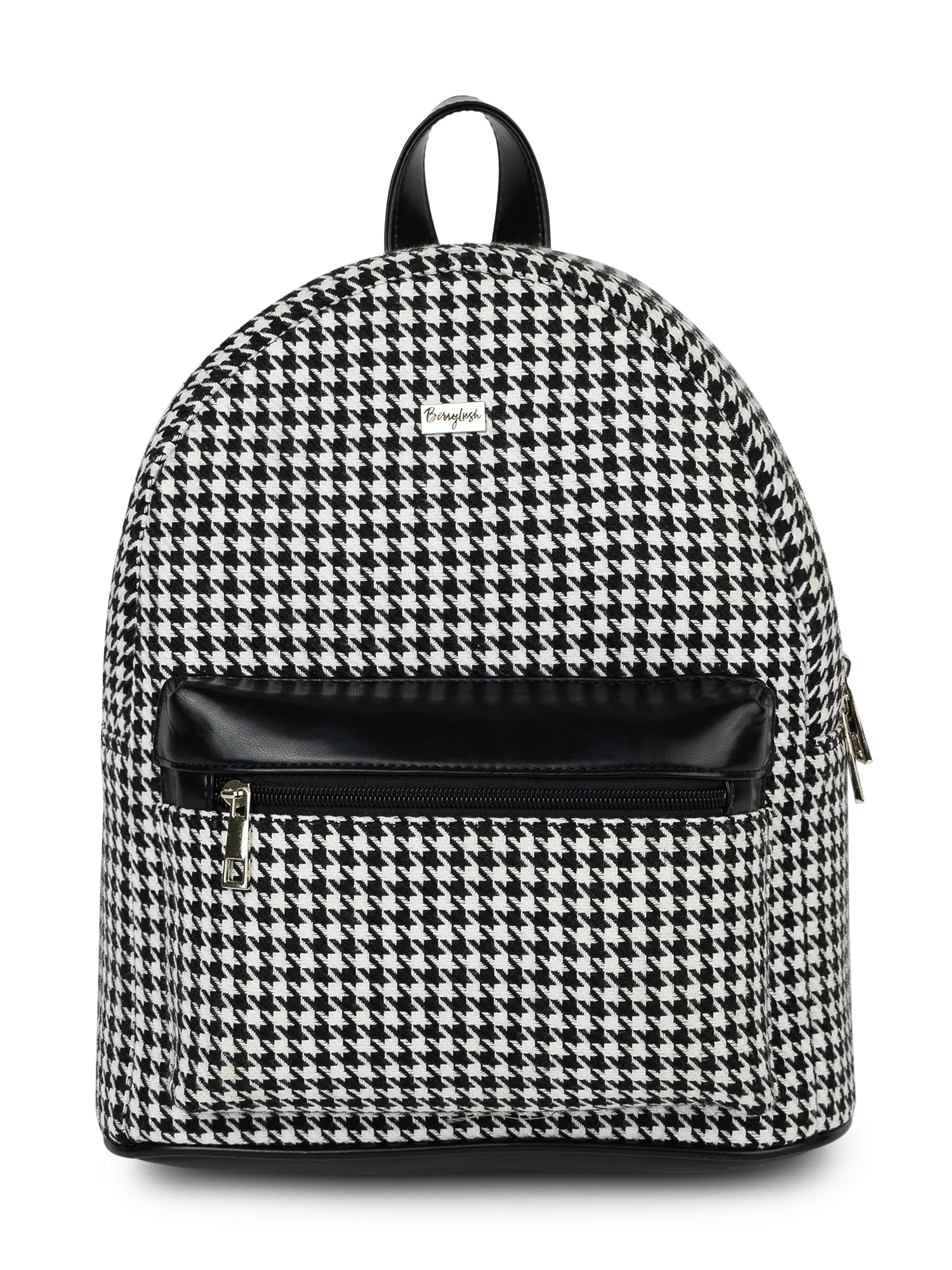 Berrylush Women Black & White Houndstooth Printed PU Padded Shoulder Strap Zipper Backpack