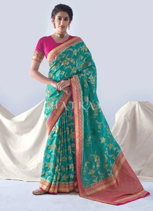 Blue And Pink Paithani Silk Saree