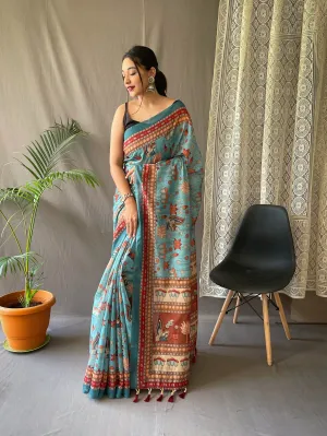 Blue Saree in Kadambari Cotton Kalamkari Print