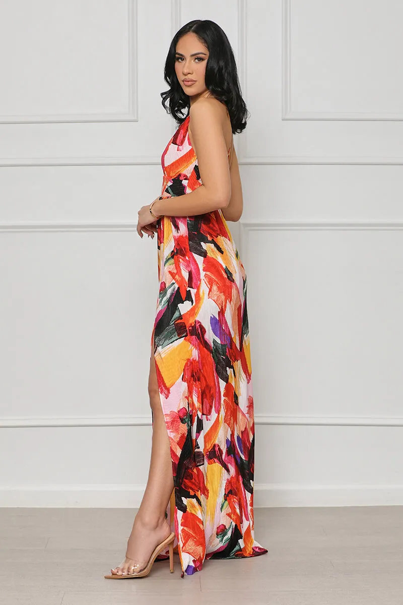 Bold Art High Slit Maxi Dress (Red Multi)-FINAL SALE