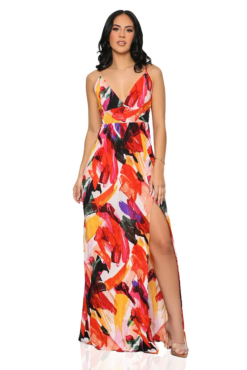 Bold Art High Slit Maxi Dress (Red Multi)-FINAL SALE