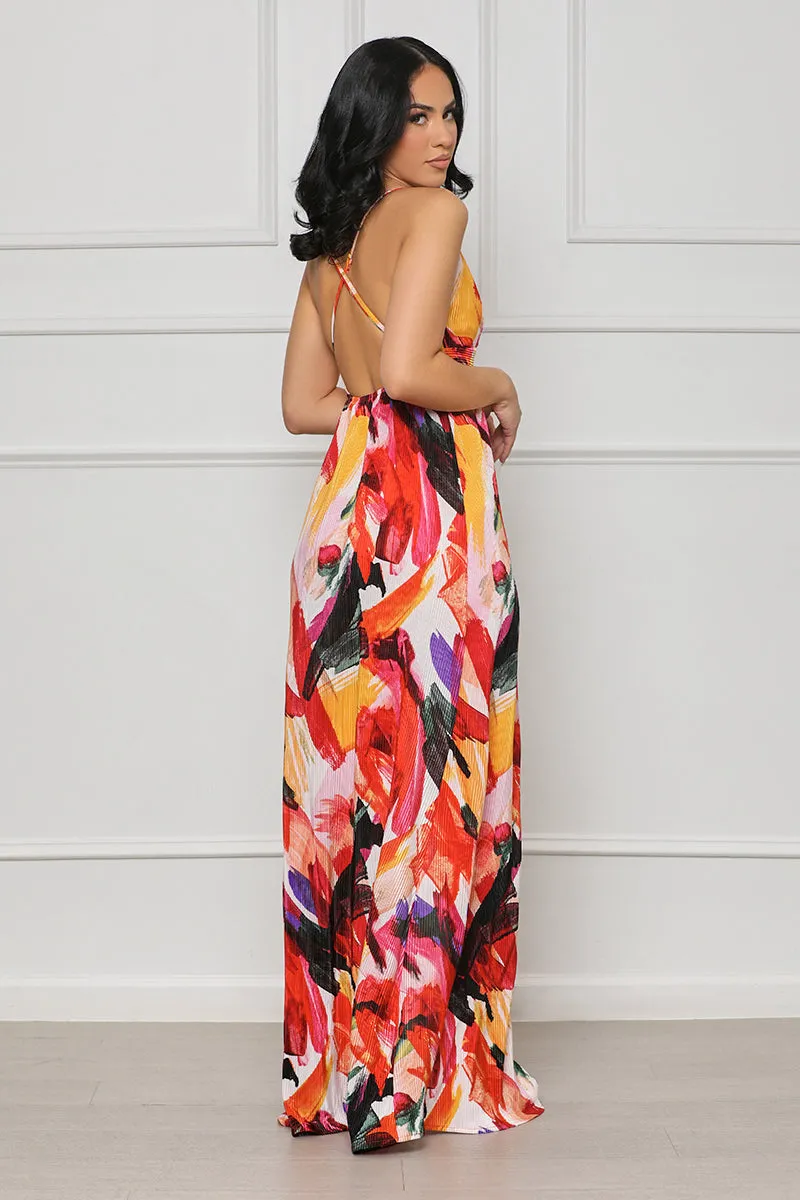 Bold Art High Slit Maxi Dress (Red Multi)-FINAL SALE