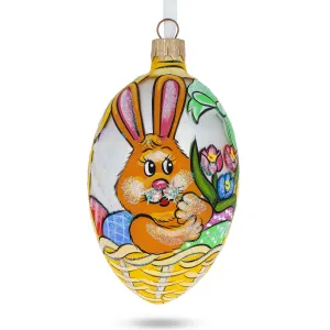 Bunny With Flowers Egg Glass Ornament 4 Inches