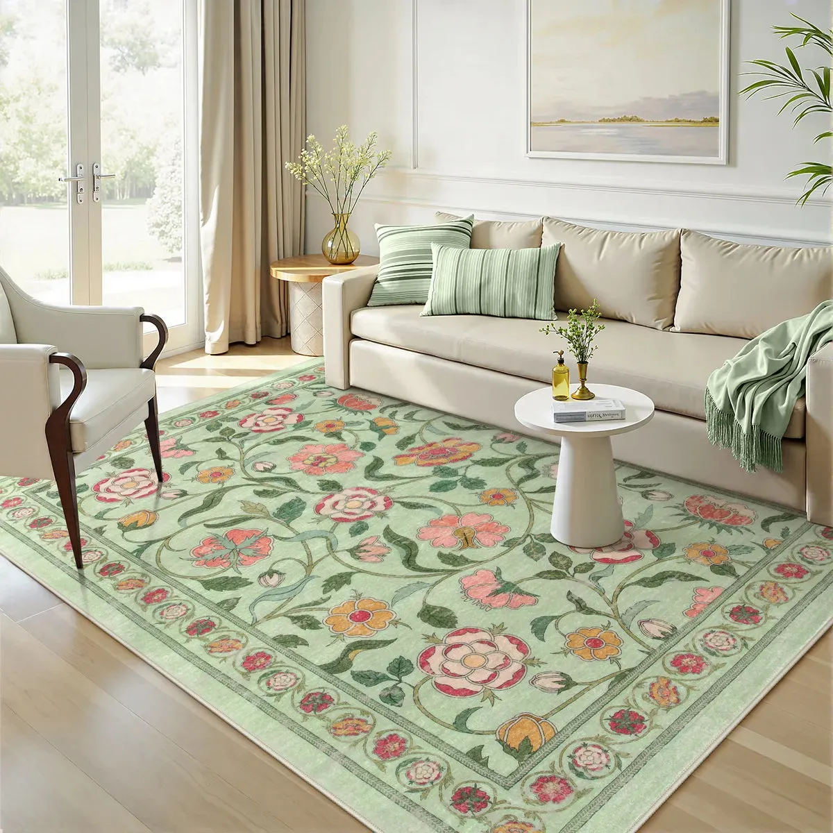 Claire Boho French Elegant Floral Green Rug