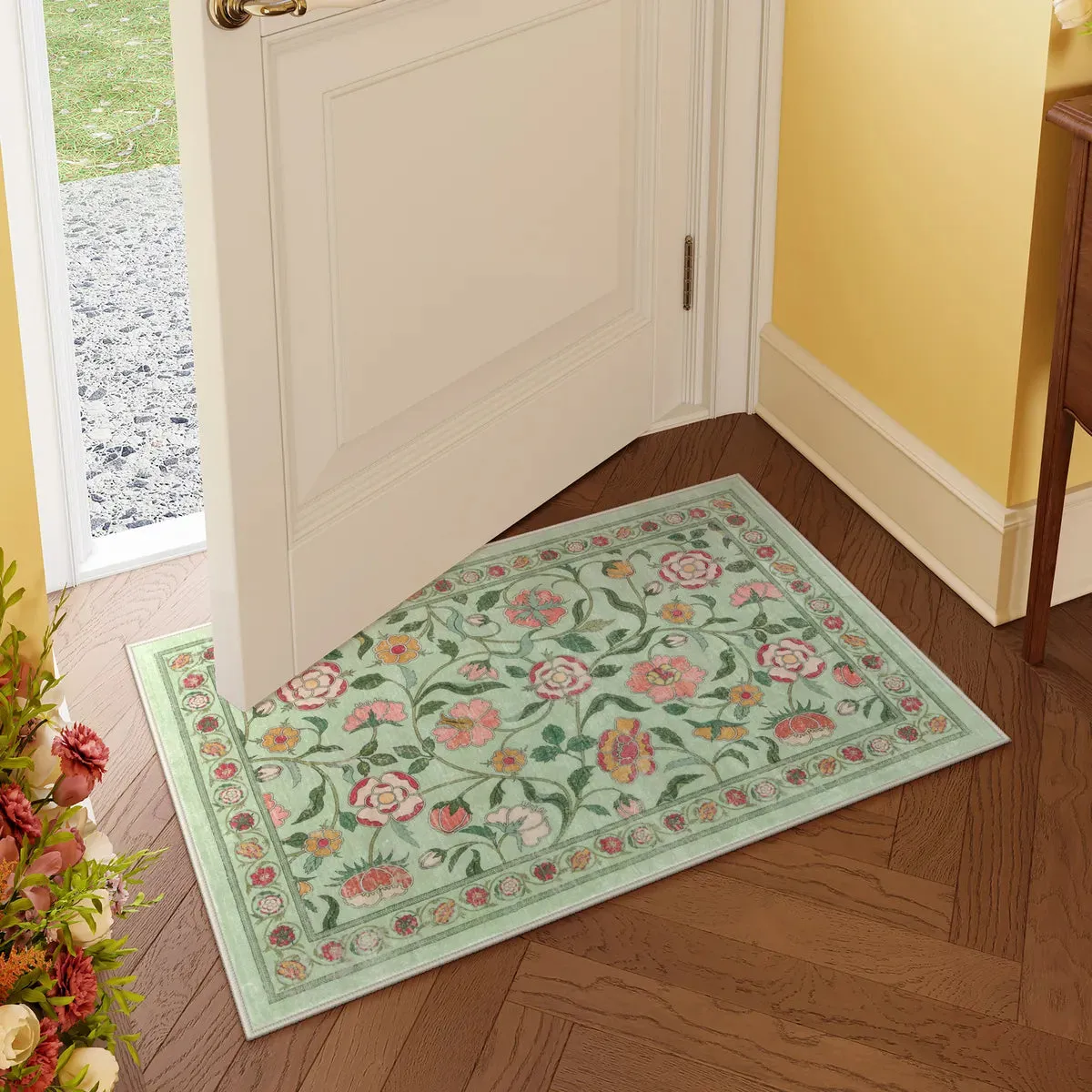 Claire Boho French Elegant Floral Green Rug