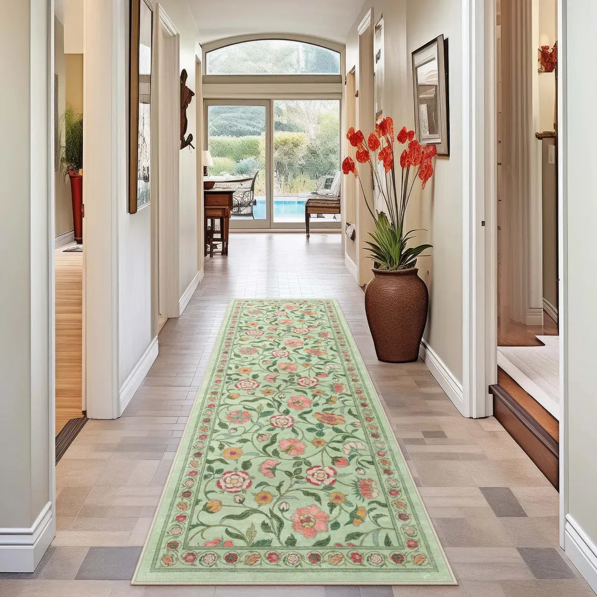 Claire Boho French Elegant Floral Green Rug