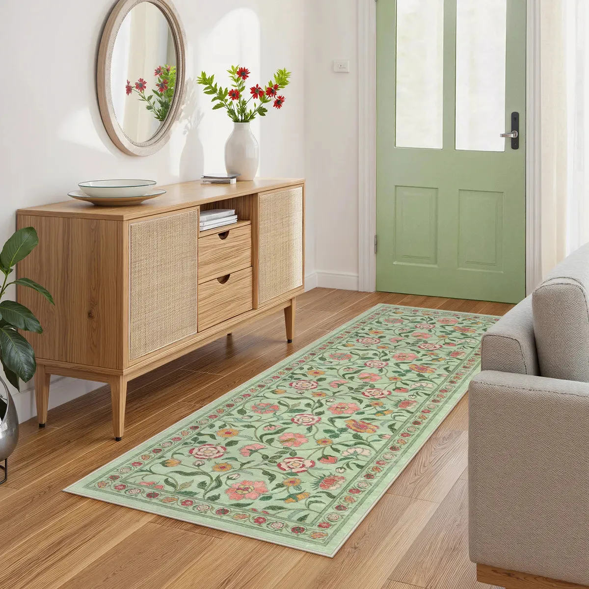 Claire Boho French Elegant Floral Green Rug