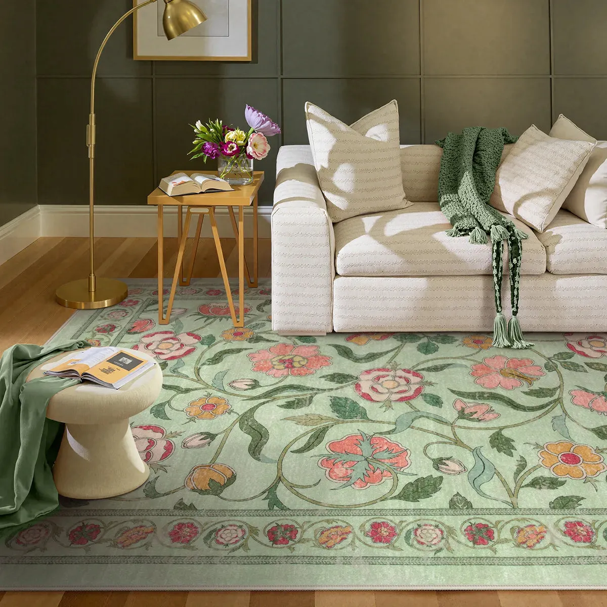 Claire Boho French Elegant Floral Green Rug