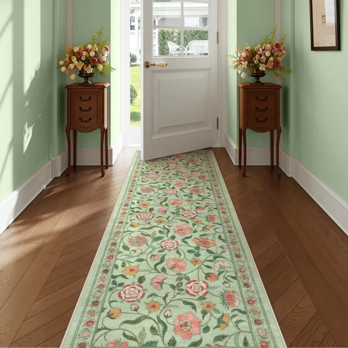 Claire Boho French Elegant Floral Green Rug