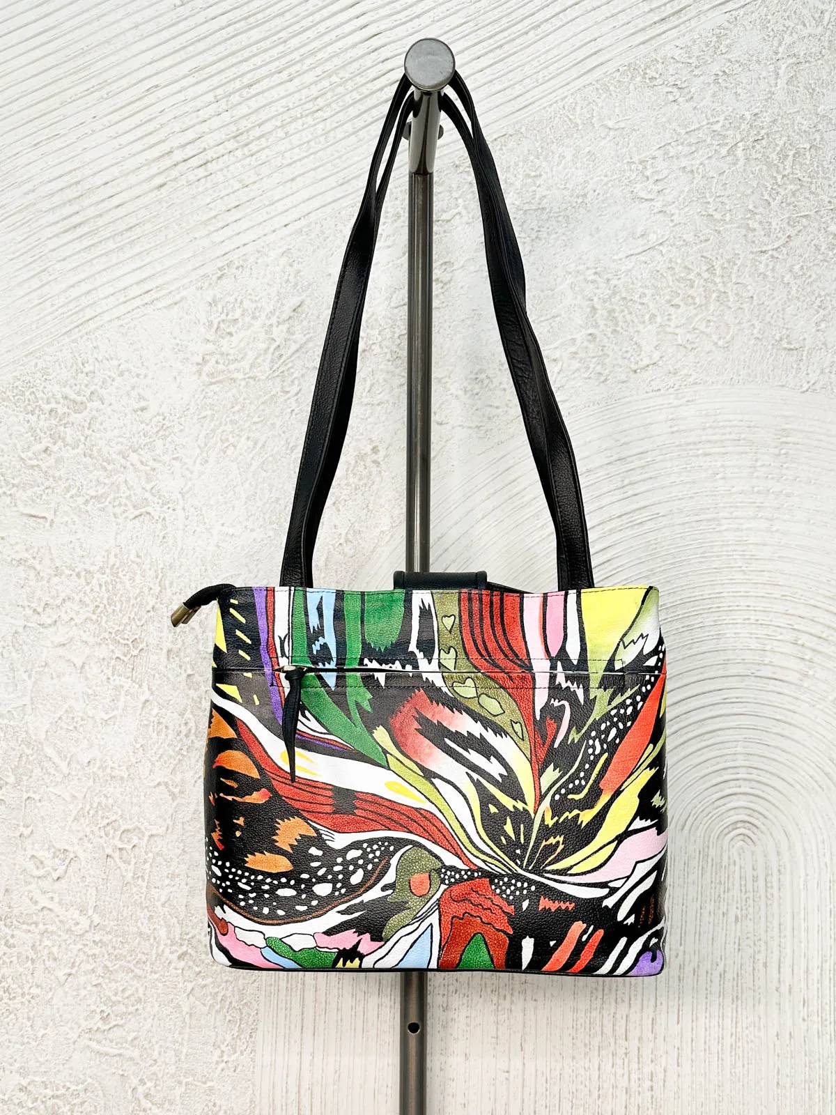 Flap Top Tote Bag, Black Abstract