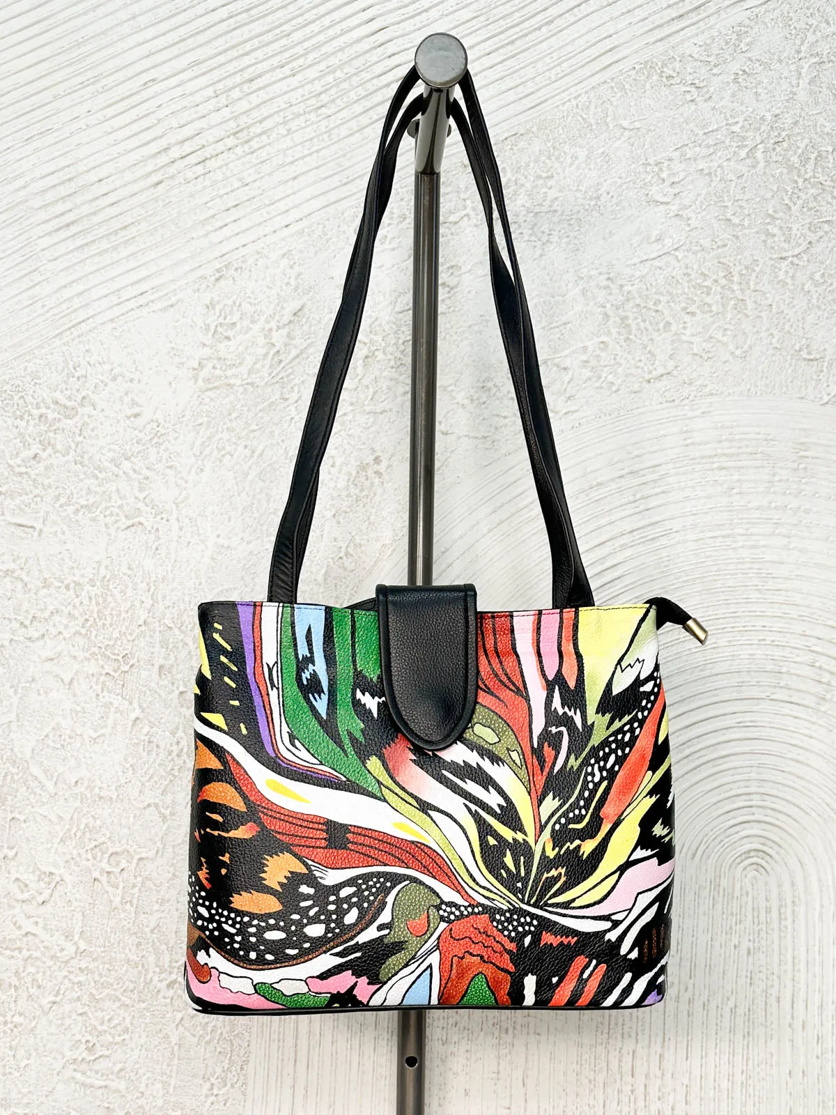 Flap Top Tote Bag, Black Abstract