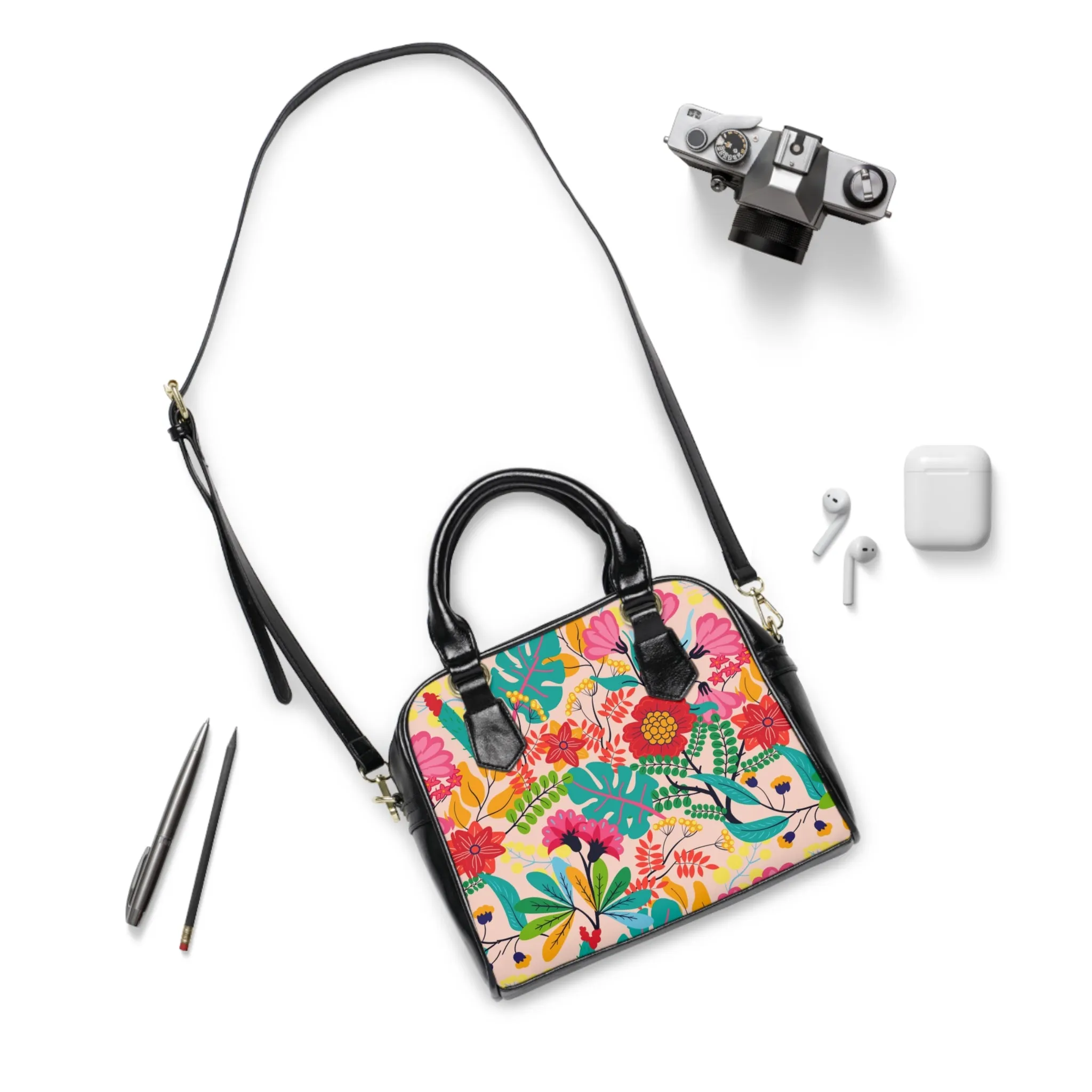 Floral Vegan Leather Shoulder Handbag with Elegant Floral Pattern