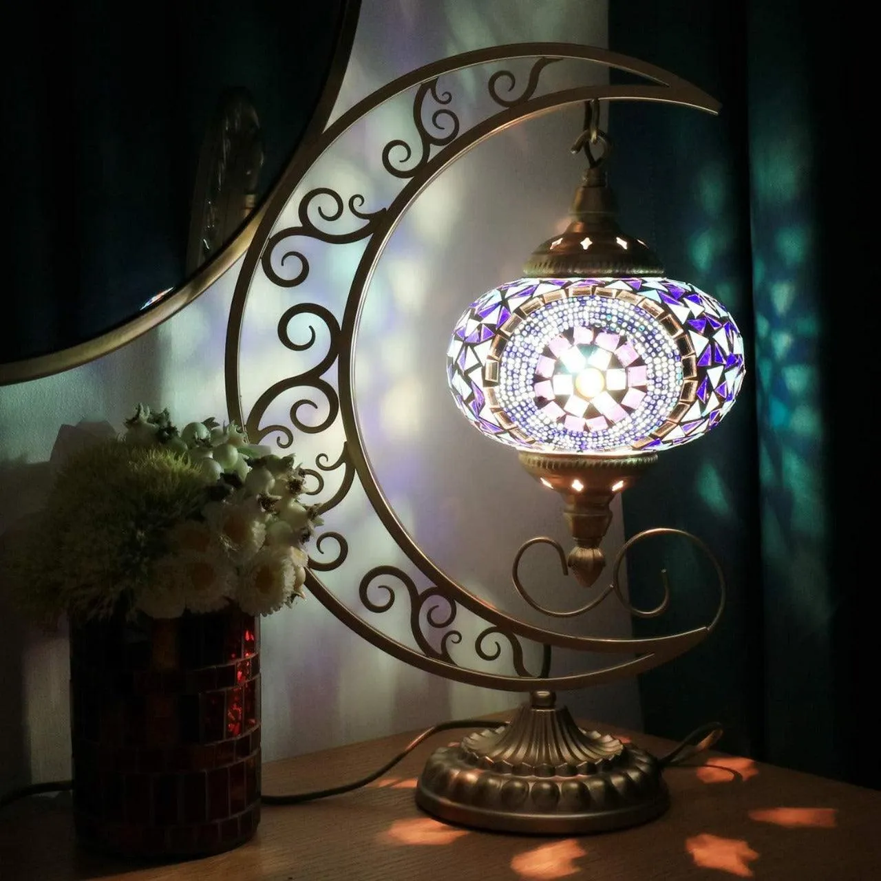 Handmade Crescent Moon Glass Table Lamp | Turkish Lamp Style