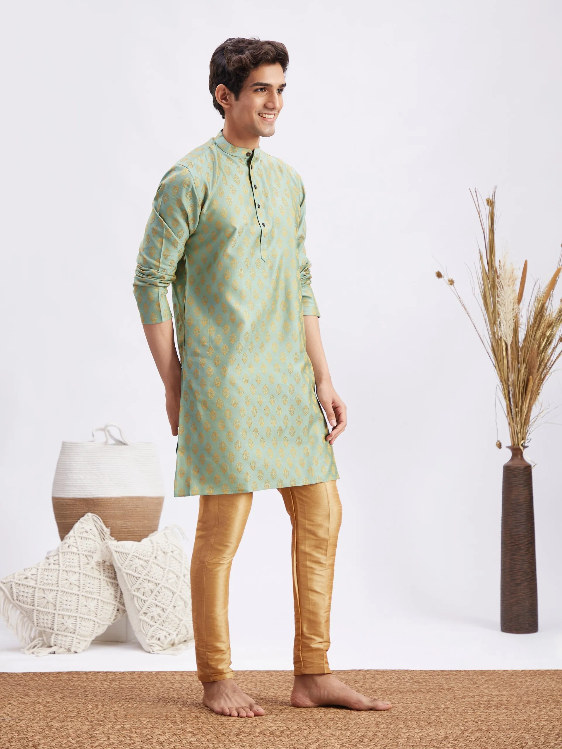 Jashvi Men's Mint Green and Rose Gold Woven Kurta Pant Set