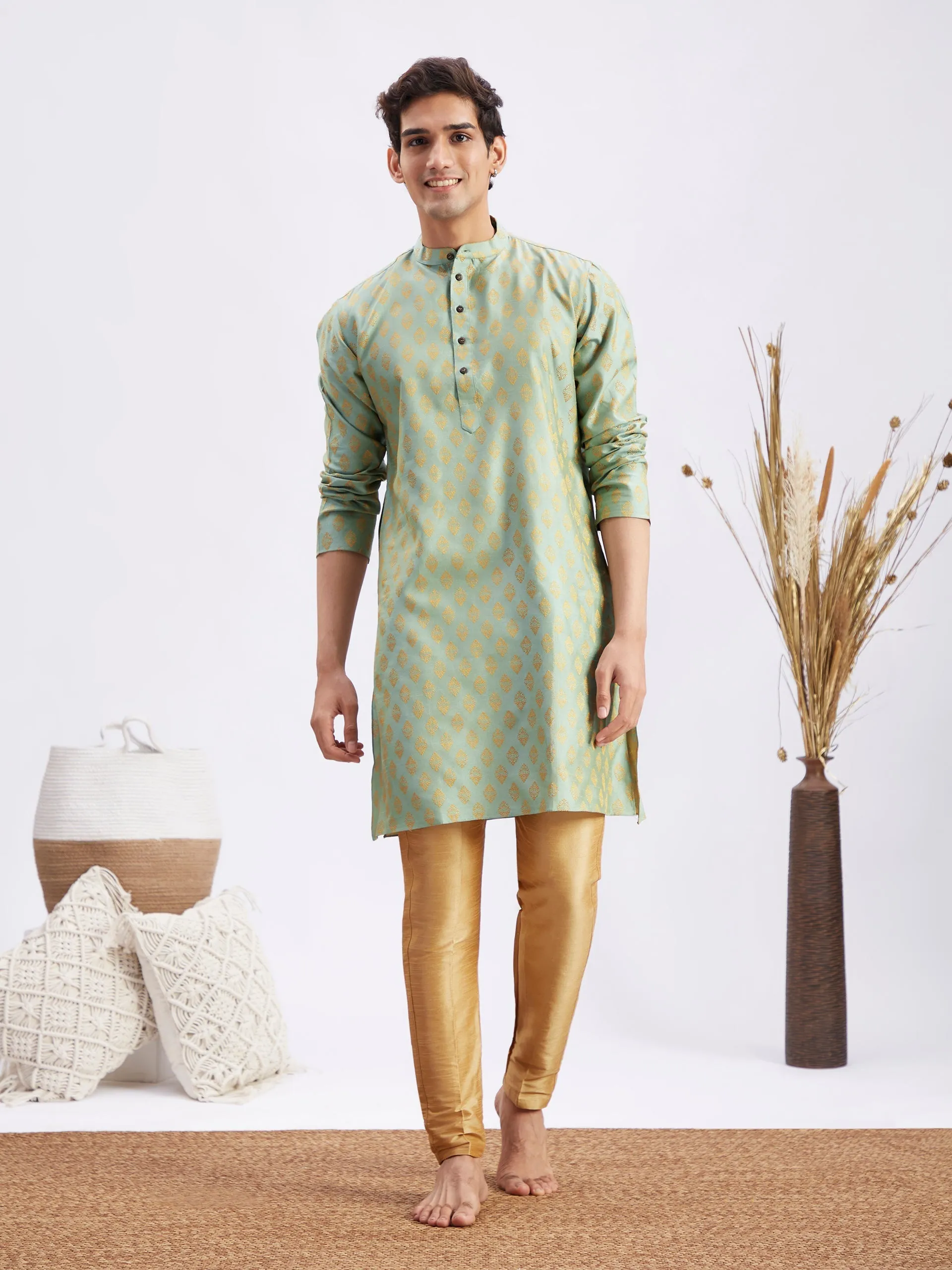 Jashvi Men's Mint Green and Rose Gold Woven Kurta Pant Set