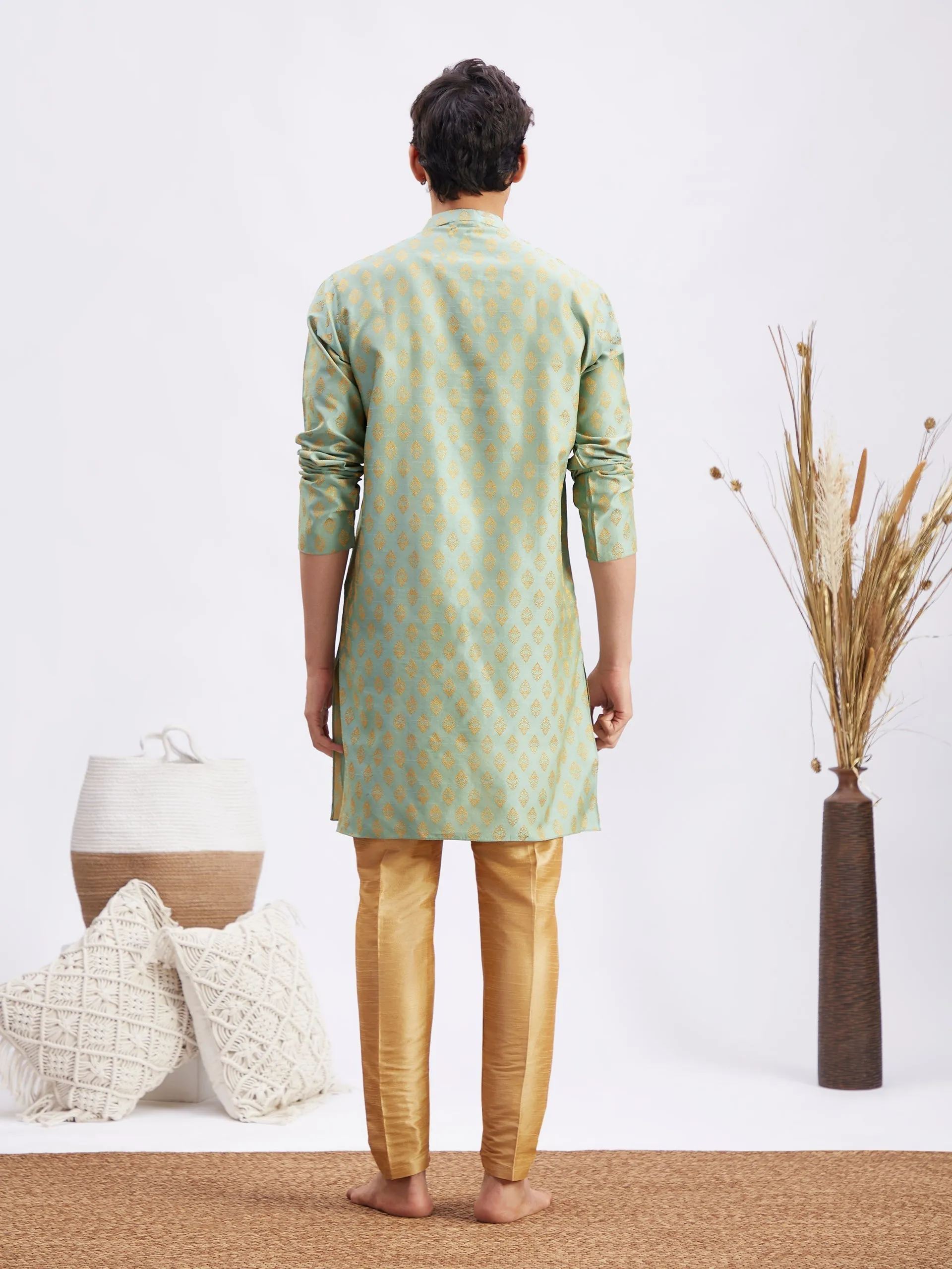 Jashvi Men's Mint Green and Rose Gold Woven Kurta Pant Set