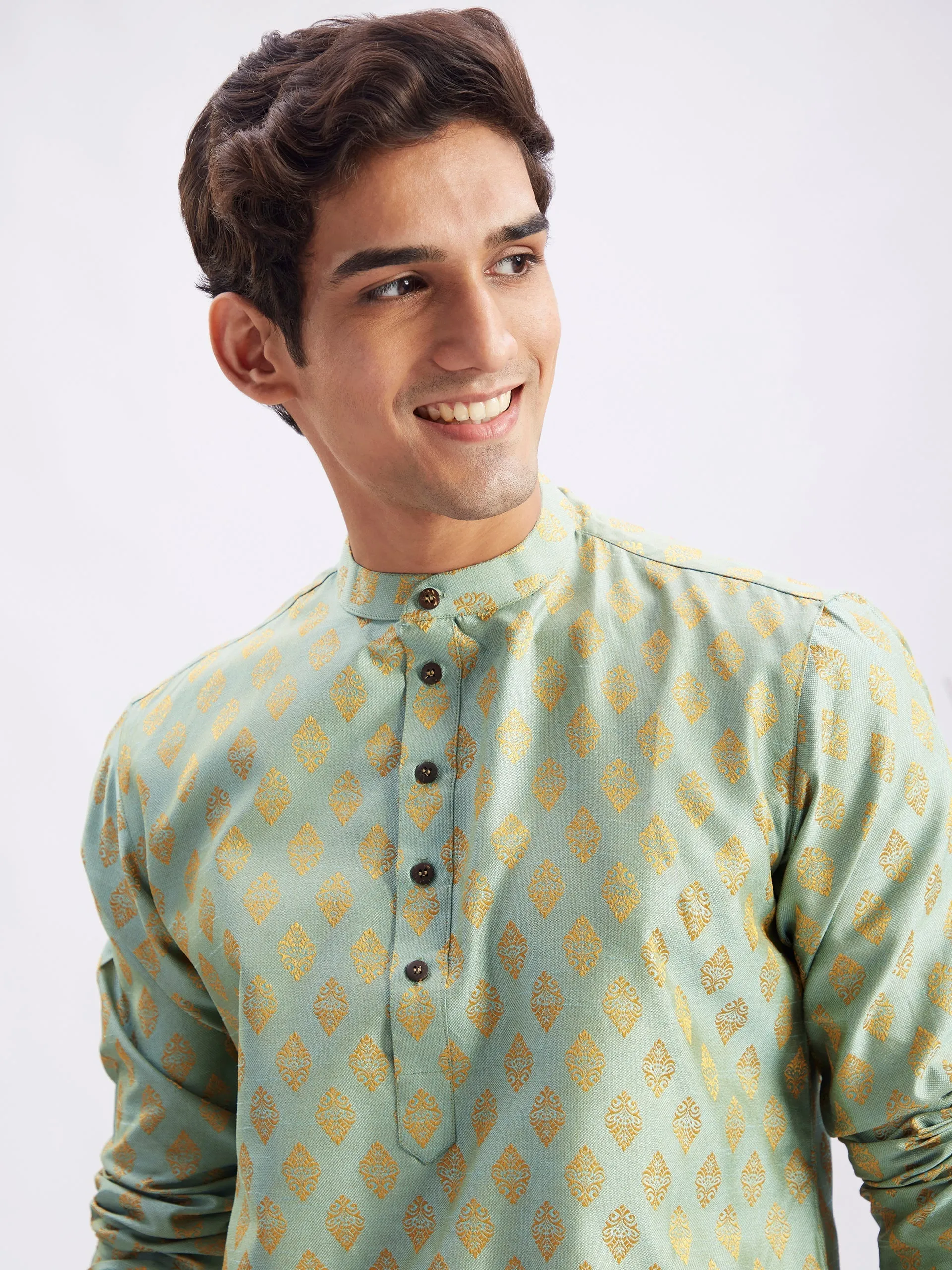 Jashvi Men's Mint Green and Rose Gold Woven Kurta Pant Set