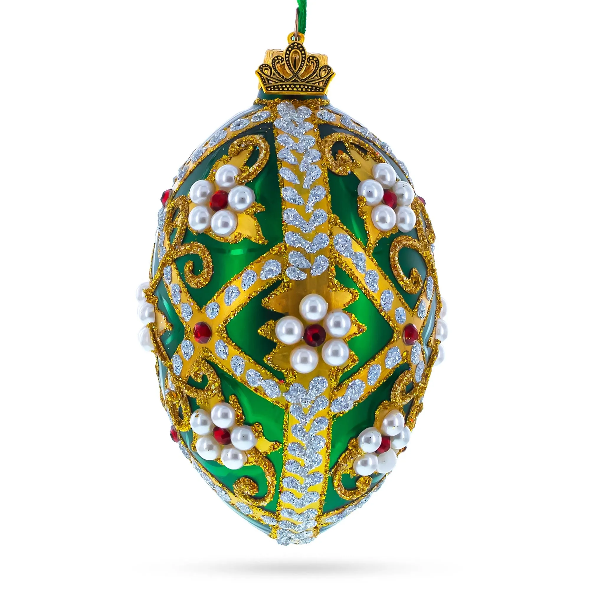 Jewels On Green Glass Egg Christmas Ornament 4 Inches