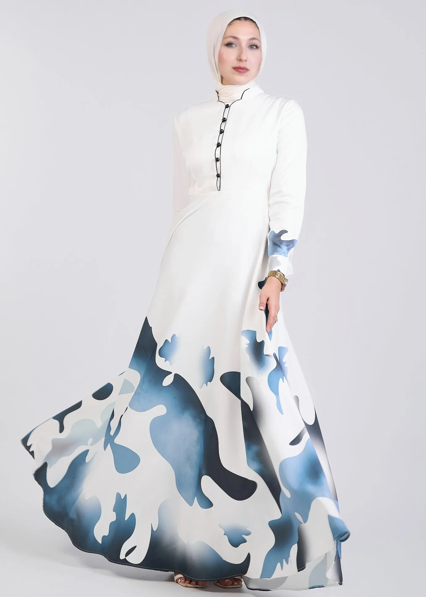 Kamilah Azure Wave Abstract Pattern Crepe Maxi Dress