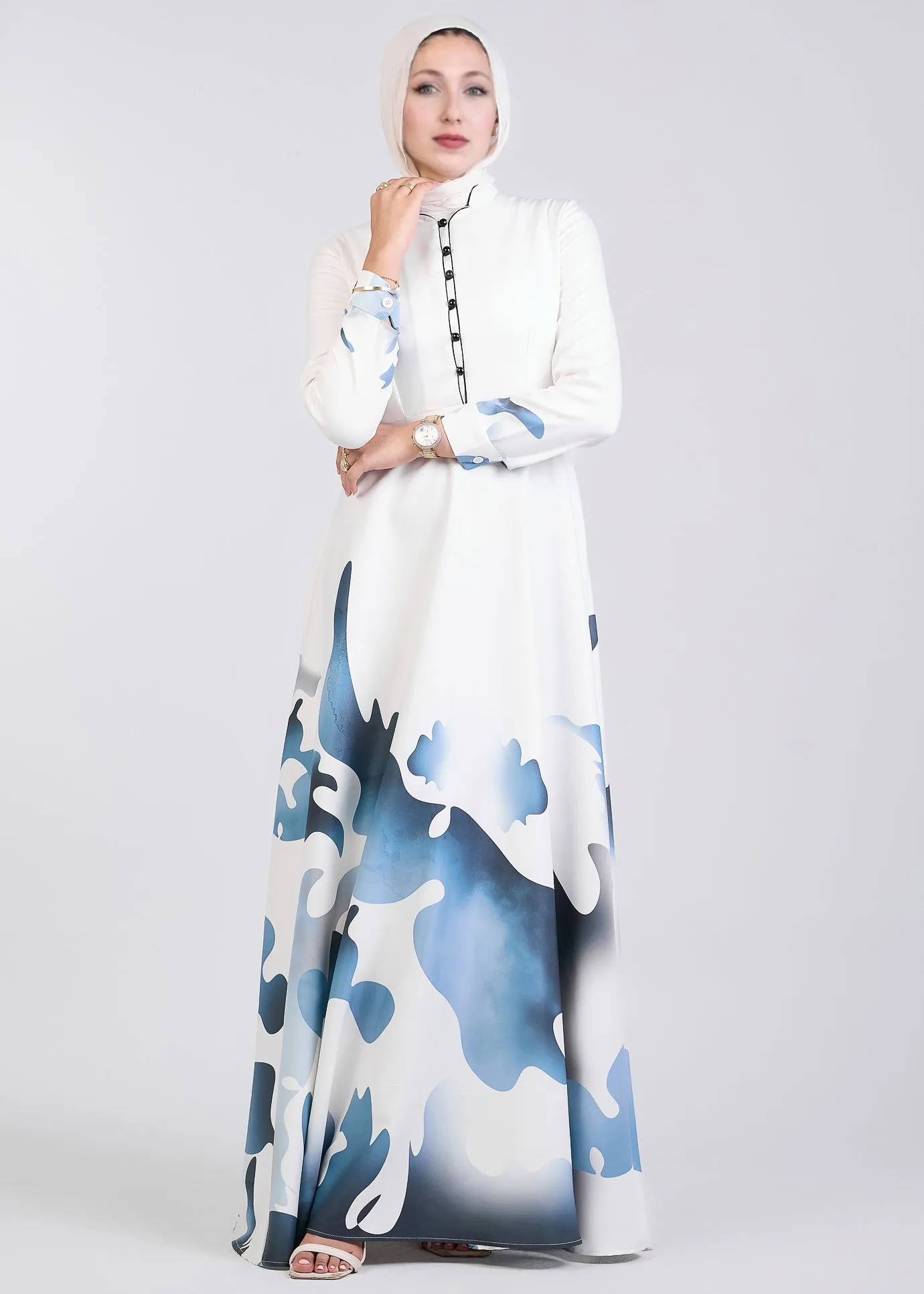 Kamilah Azure Wave Abstract Pattern Crepe Maxi Dress