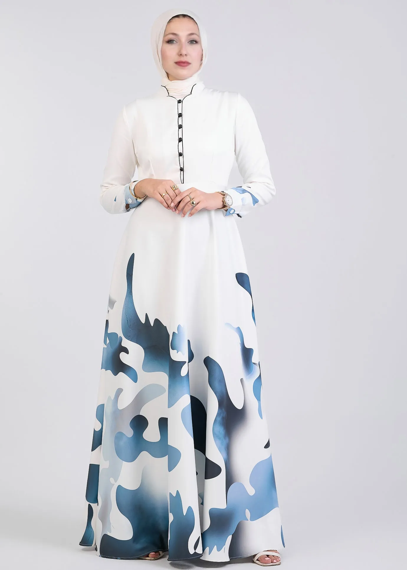 Kamilah Azure Wave Abstract Pattern Crepe Maxi Dress