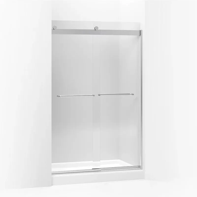 Levity 74" Clear Glass Sliding Shower Door in Bright Silver with Towel Bar Handle