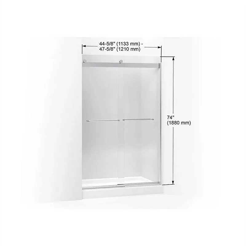 Levity 74" Clear Glass Sliding Shower Door in Bright Silver with Towel Bar Handle