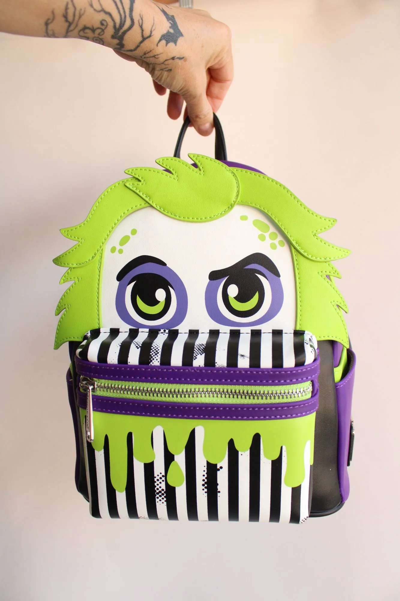 Loungefly Beetlejuice Backpack, New With Tags, Green and Purple, Pockets