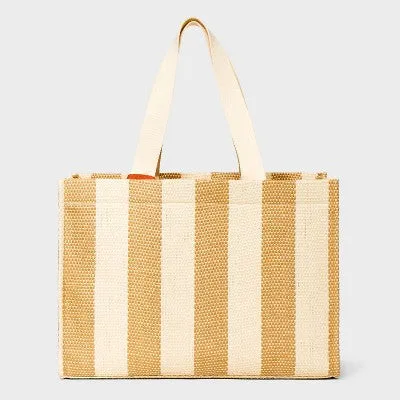 New - Striped Elevated Straw Tote Handbag with Zip Pouch - A New Day Brown