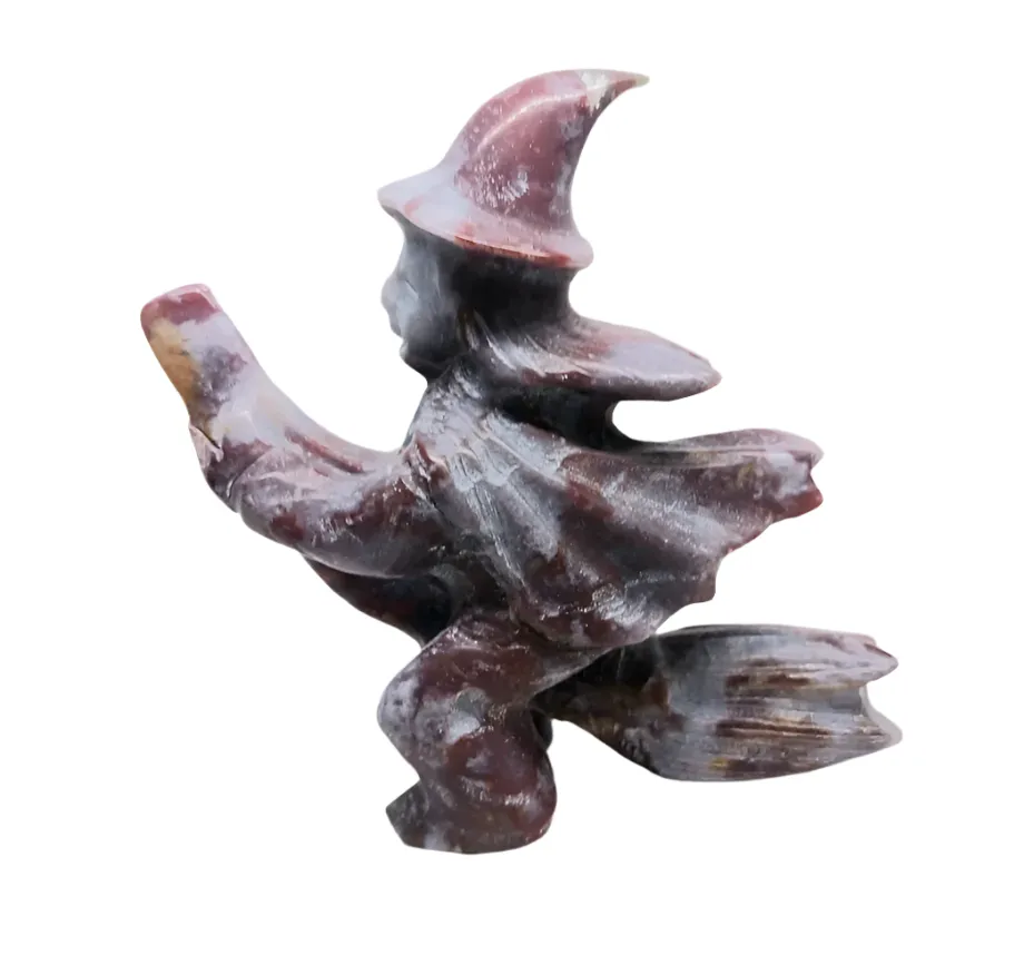 Ocean Jasper Crystal Witch Riding a Broom Carving