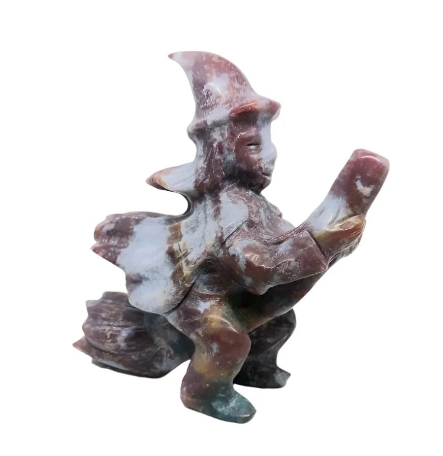 Ocean Jasper Crystal Witch Riding a Broom Carving