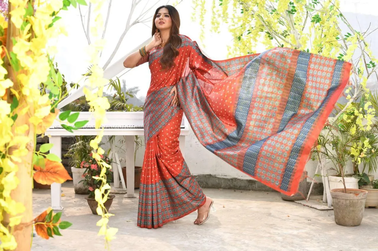 Orange Ethnic Cotton Silk Saree