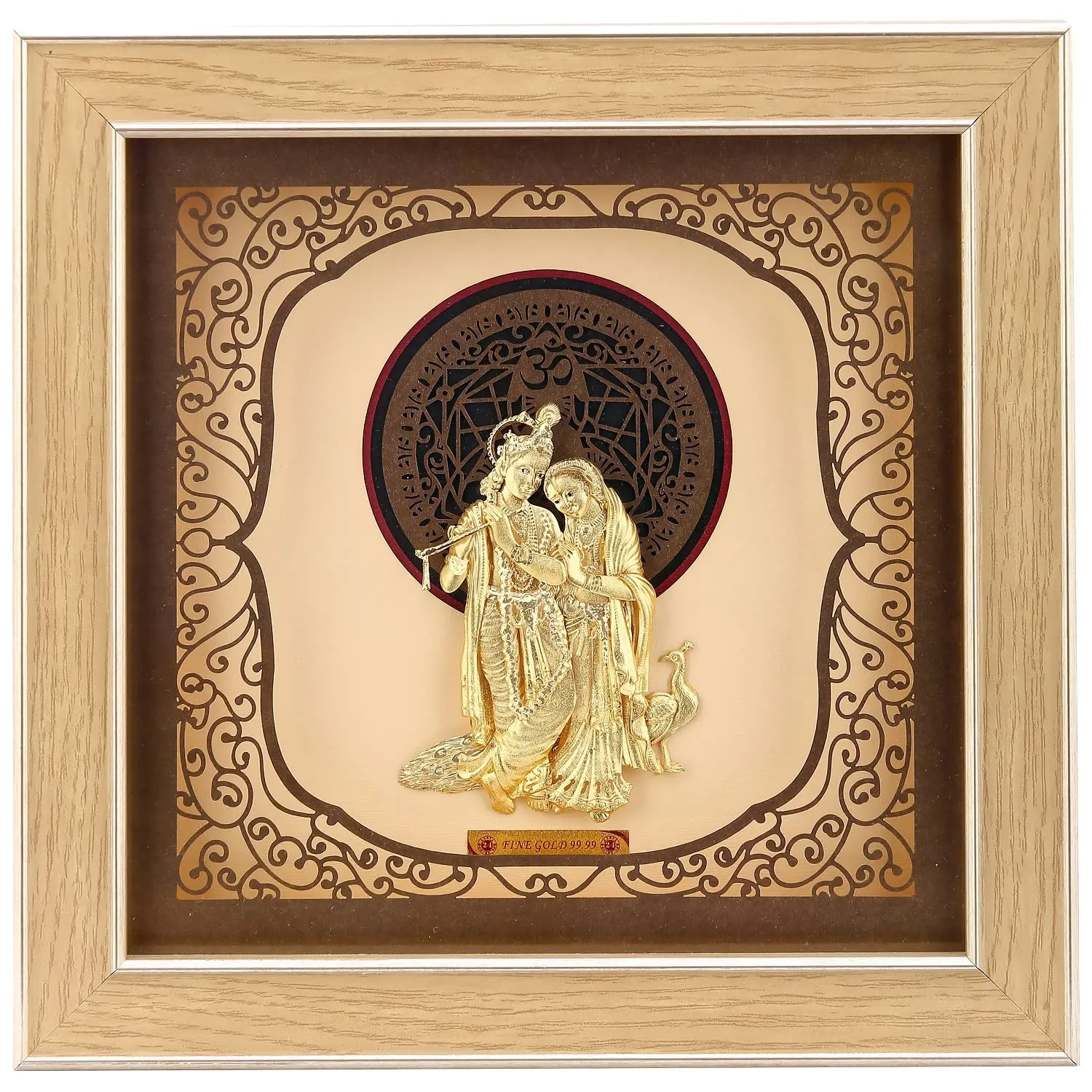 Pk & Pk Jewellers Lord Radha Krishna with Peacock | 24KT Gold Frame | Solid Square Collection | Medium Size [26x26 cm] (For Premium Gift, Temple, Table Decor, Home Decoration)