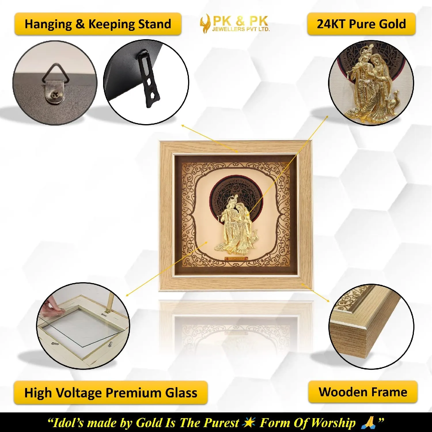 Pk & Pk Jewellers Lord Radha Krishna with Peacock | 24KT Gold Frame | Solid Square Collection | Medium Size [26x26 cm] (For Premium Gift, Temple, Table Decor, Home Decoration)