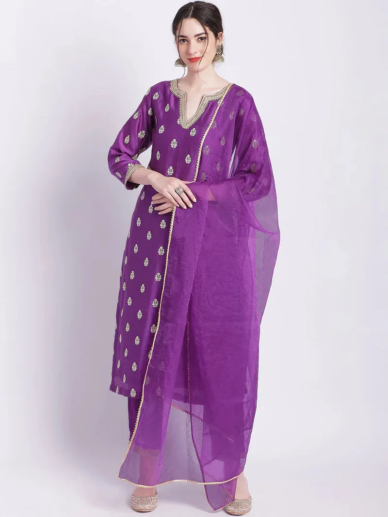 Purple Kurta Set With Organza Dupatta