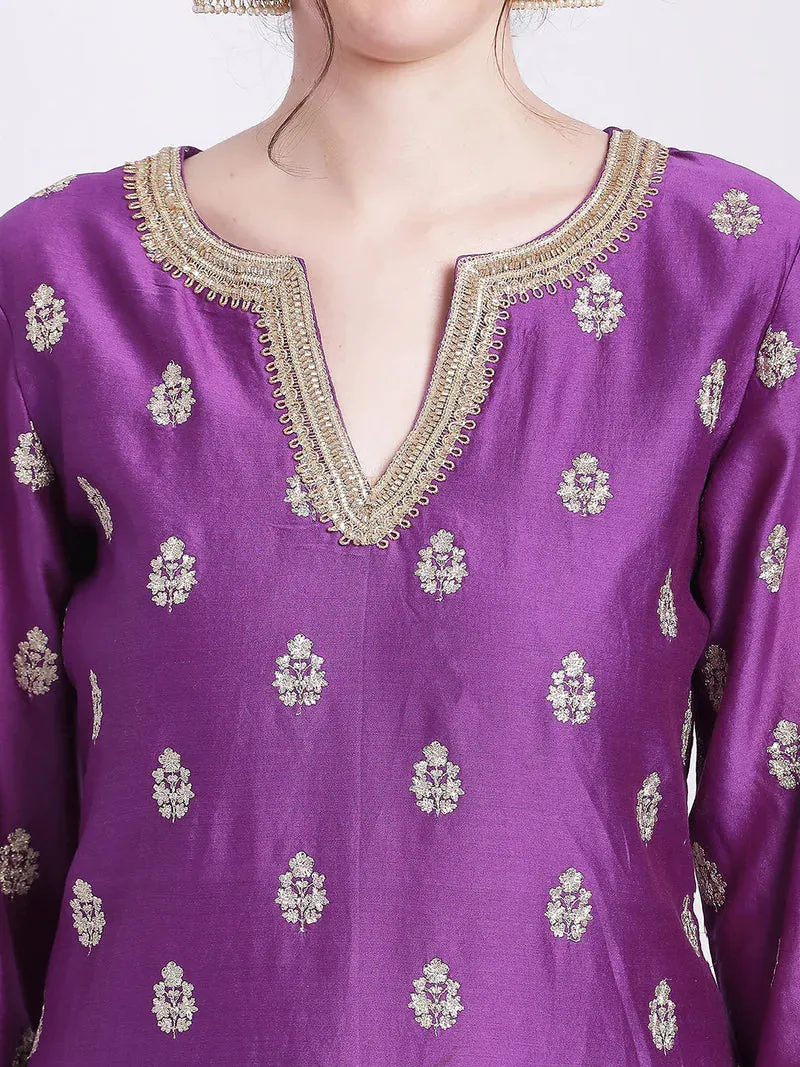 Purple Kurta Set With Organza Dupatta