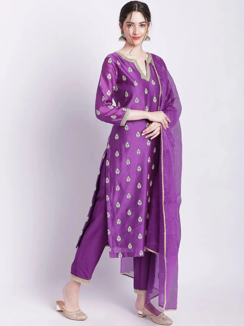 Purple Kurta Set With Organza Dupatta