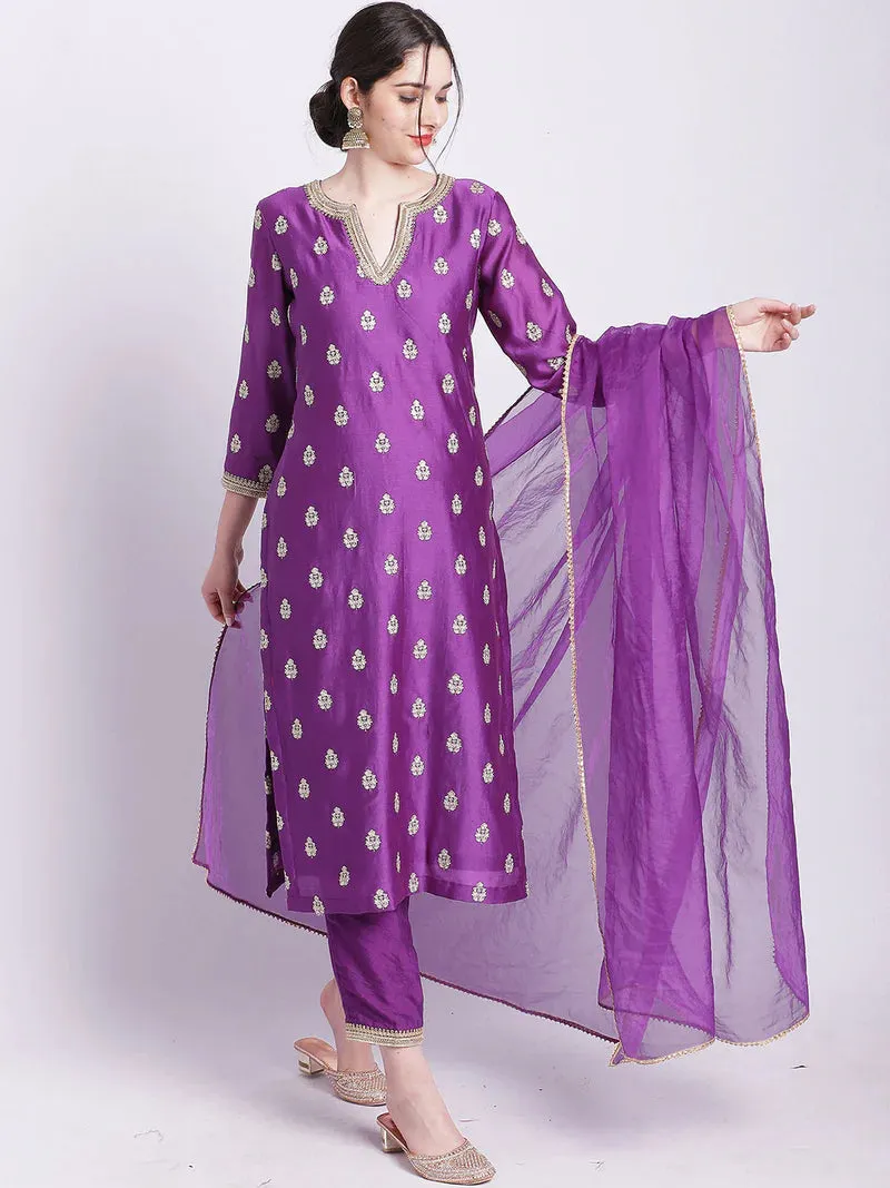 Purple Kurta Set With Organza Dupatta