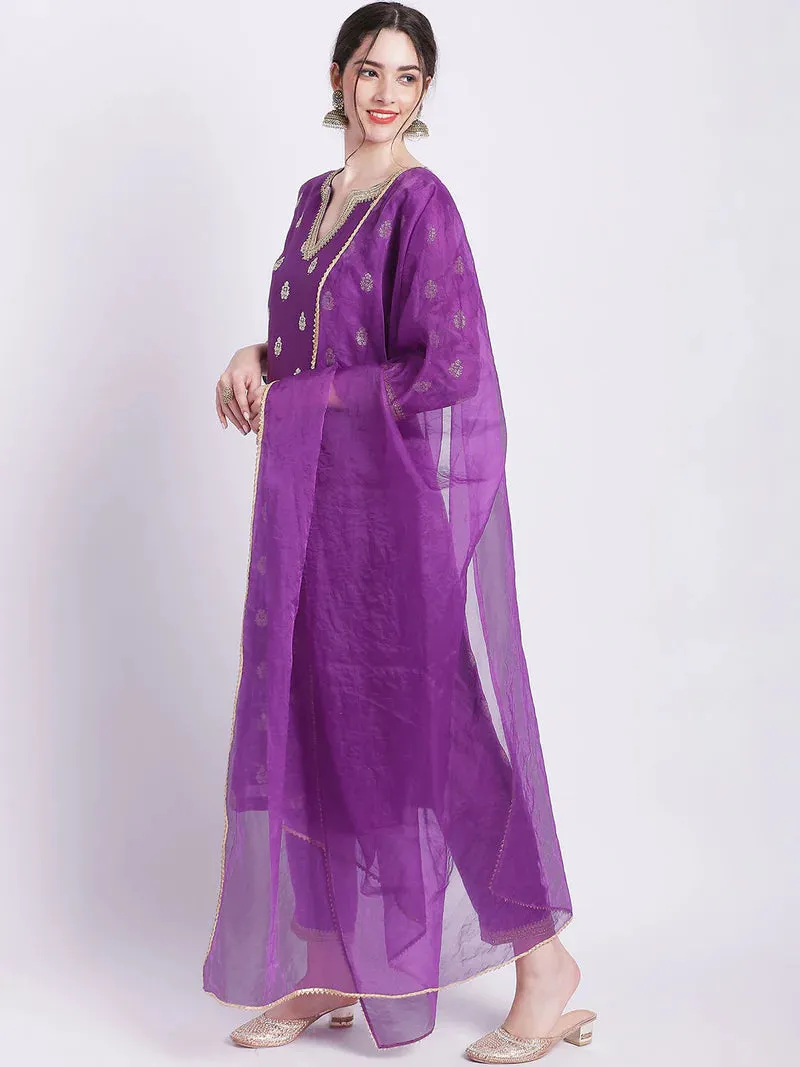 Purple Kurta Set With Organza Dupatta