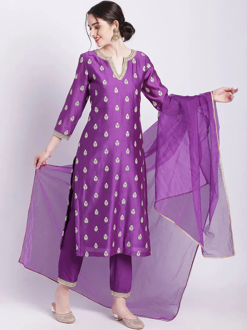 Purple Kurta Set With Organza Dupatta