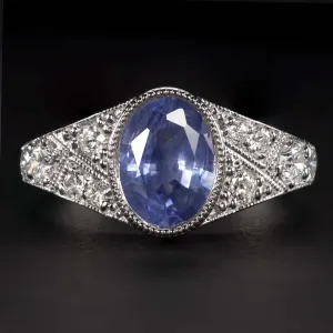 SAPPHIRE DIAMOND COCKTAIL RING VINTAGE STYLE OVAL SHAPE 14k WHITE GOLD NATURAL