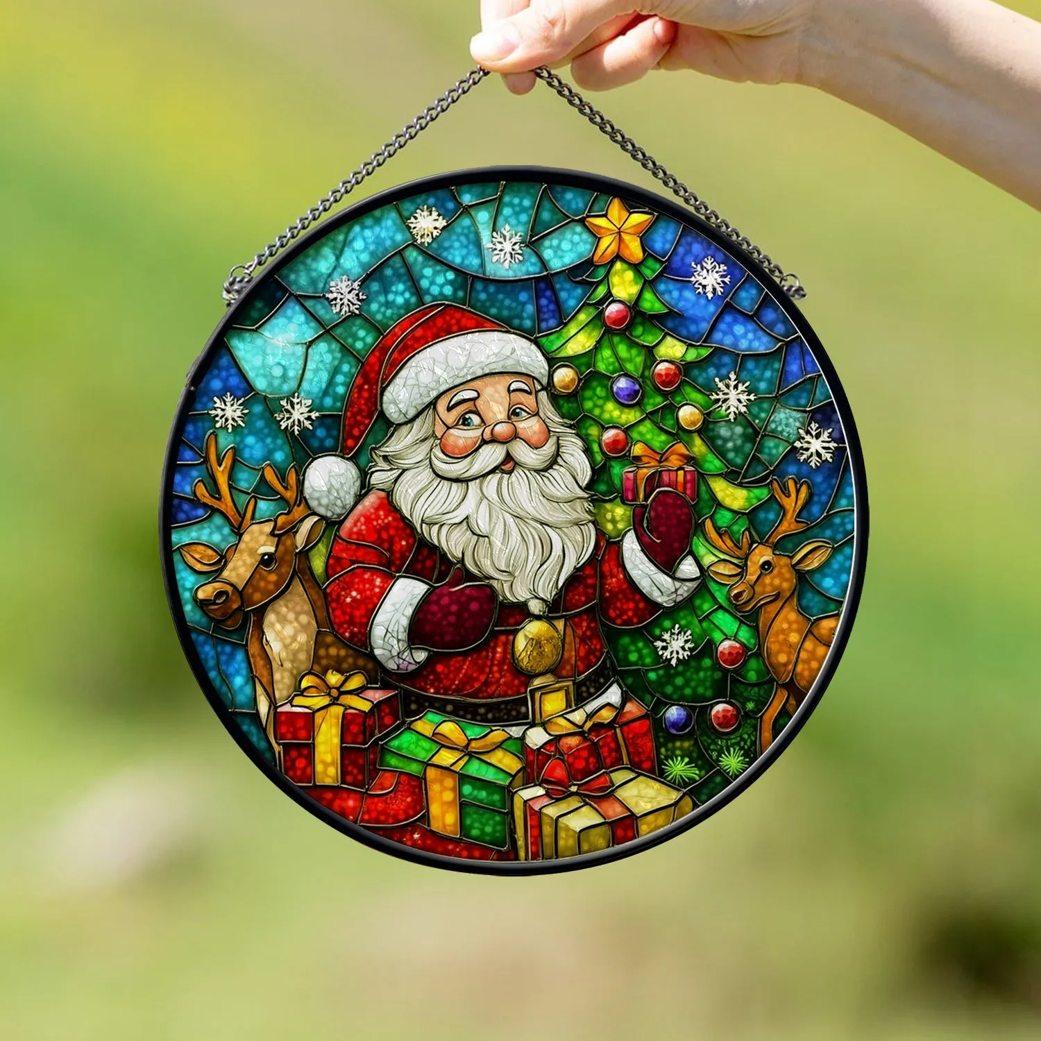 Teesdily | Christmas Santa Claus Stained Glass Round Window Hanging, Christmas Tree Printed Wall Decor, Xmas Home Decor, Suncatcher Christmas Gift