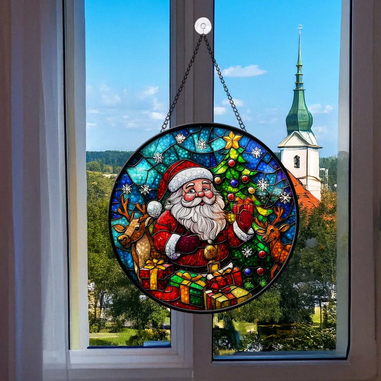 Teesdily | Christmas Santa Claus Stained Glass Round Window Hanging, Christmas Tree Printed Wall Decor, Xmas Home Decor, Suncatcher Christmas Gift