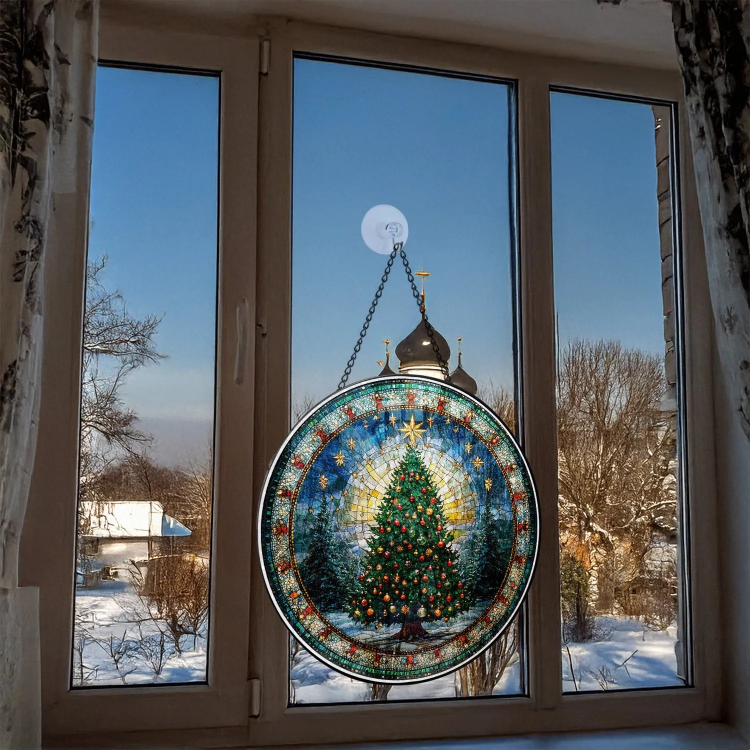 Teesdily | Christmas Santa Claus Stained Glass Round Window Hanging, Christmas Tree Printed Wall Decor, Xmas Home Decor, Suncatcher Christmas Gift