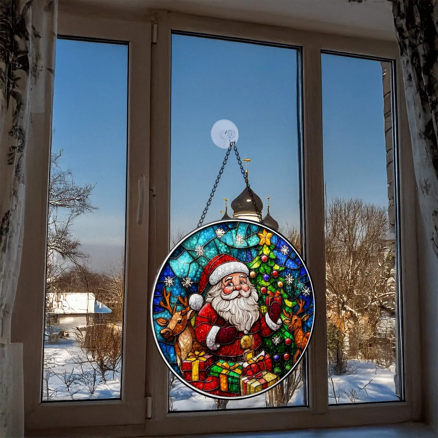 Teesdily | Christmas Santa Claus Stained Glass Round Window Hanging, Christmas Tree Printed Wall Decor, Xmas Home Decor, Suncatcher Christmas Gift